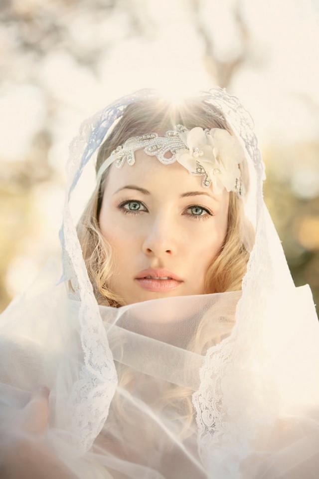 Bridal Headband, Floral Headband, Ivory Rhinestone Headband, Wedding