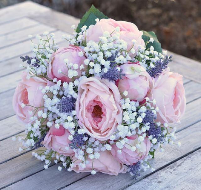 Silk Wedding Flower Bouquet Made With Pink Cabbage Roses, Pink Peony
