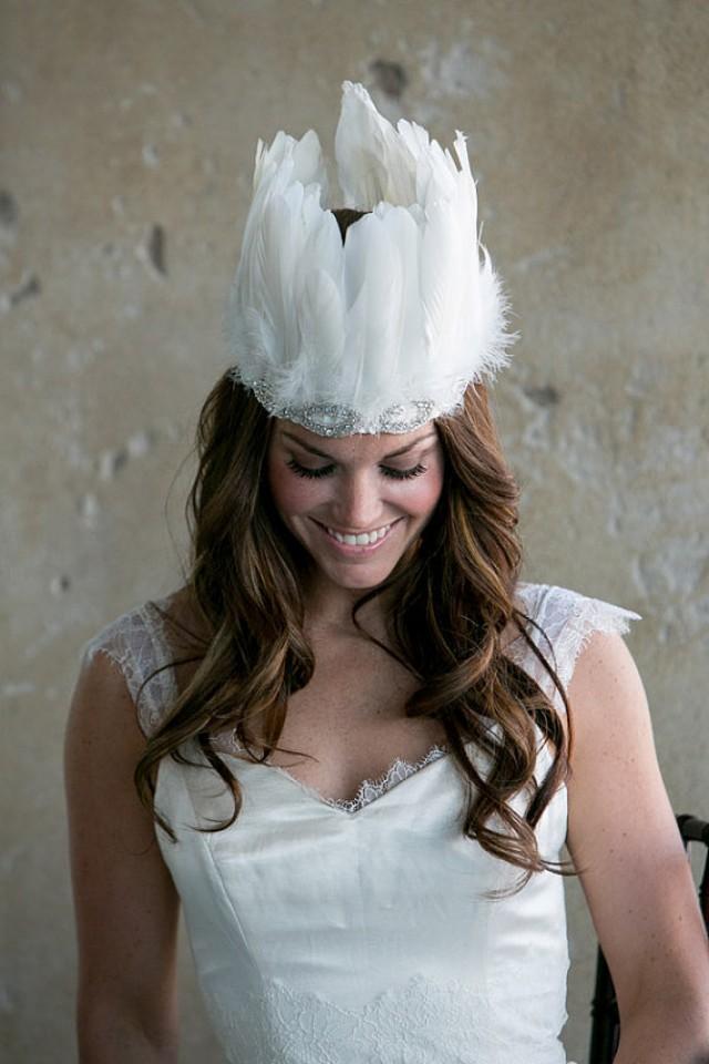 White Feather Crown Bridal Headdress With Rhinestone Trim, Feather