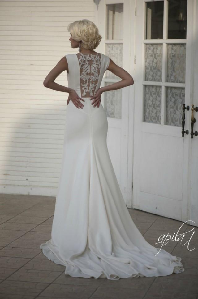 Long Wedding Dress Ivory Wedding Gown With Open Back Crepe And Tulle Dress With Handmade 7374