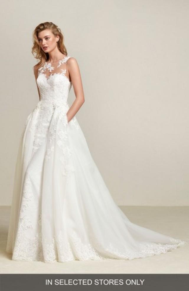 lace sheath wedding dress with removable overskirt