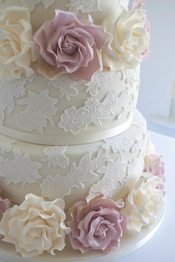 Wedding Cake With Lace & Ivory And Amnesia Roses #1987629 - Weddbook